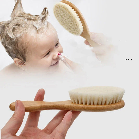Wooden and natural wool hairbrush for baby